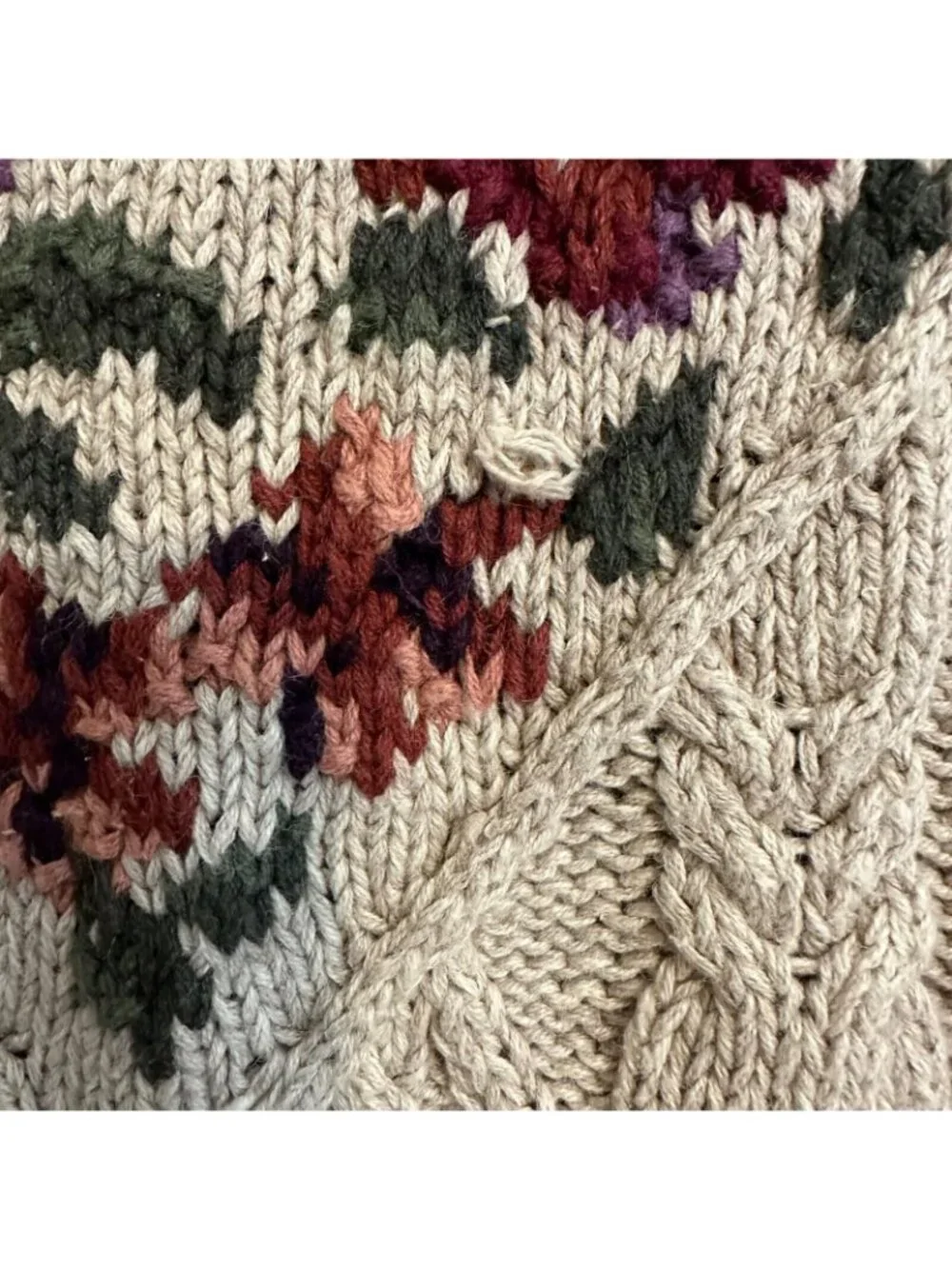 VNTG Chrysantheme Hand Knit Floral Cable Women's Sweater SZ M Ramie Cotton Cabin